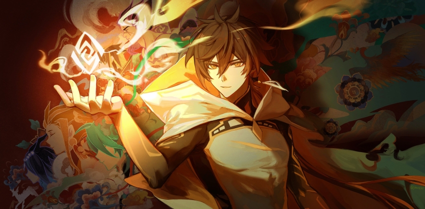 2girls 4boys absurdres bosacius_(genshin_impact) genshin_impact highres indarias_(genshin_impact) lofter lofter_logo lofter_username menogias_(genshin_impact) multiple_boys multiple_girls rex_lapis_(genshin_impact) solo_focus xiao_(genshin_impact) yuu4127 zhongli_(archon)_(genshin_impact) zhongli_(genshin_impact)