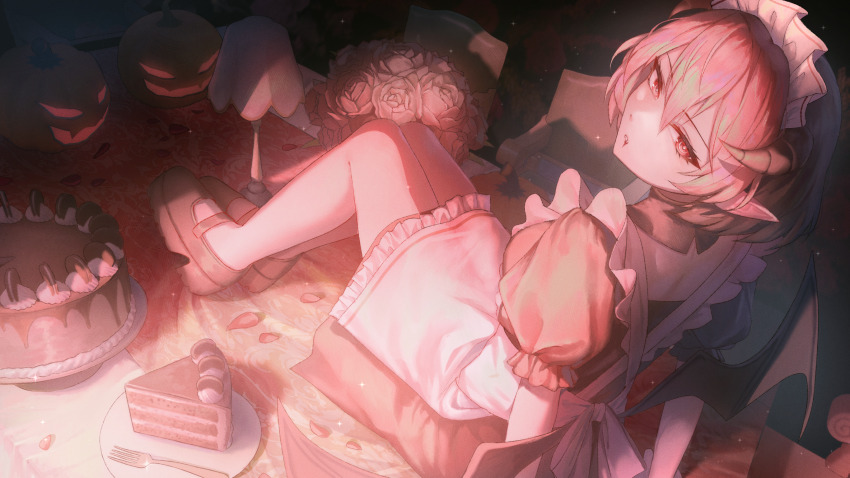 1girl alternate_costume apron arm_support black_hair blood blood_from_mouth breasts cake cake_slice colored_bangs contest_winner dark demon_girl demon_horns desk_lamp dreamxiety dress enmaided flower food fork frilled_apron frills full_body hair_between_eyes highres horns jack-o&#039;-lantern lamp looking_at_viewer looking_back maid maid_apron medium_breasts multicolored_hair osu! petals pink_eyes pink_hair pippi_(osu!) plate pointy_ears puffy_short_sleeves puffy_sleeves rose short_dress short_sleeves sitting solo white_apron