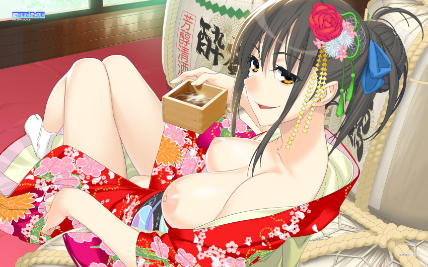 1girl alcohol artist_name bare_shoulders black_hair breasts breasts_out brown_eyes cleft_of_venus collarbone female_focus floral_print flower from_behind game-style hair_bun hair_flower hair_ornament highres holding indoors ino_(magloid) japanese_clothes kimono kimono_pull knees_together_feet_apart knees_up large_breasts looking_at_viewer looking_back masu naked_kimono nipples original parted_lips pussy red_kimono sake single_hair_bun sitting smirk solo tabi thighs wakamezake watermark