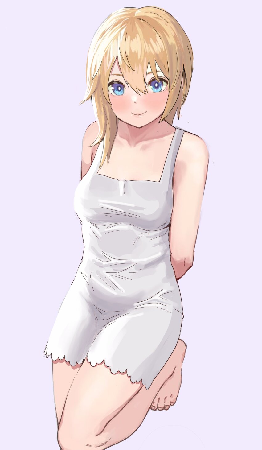 1girl absurdres arms_behind_back awesomeerix barefoot blonde_hair blue_eyes breasts closed_mouth commentary dress english_commentary grey_background hair_between_eyes highres kingdom_hearts kingdom_hearts_ii long_hair looking_at_viewer medium_breasts namine paid_reward_available sleeveless sleeveless_dress smile solo white_dress