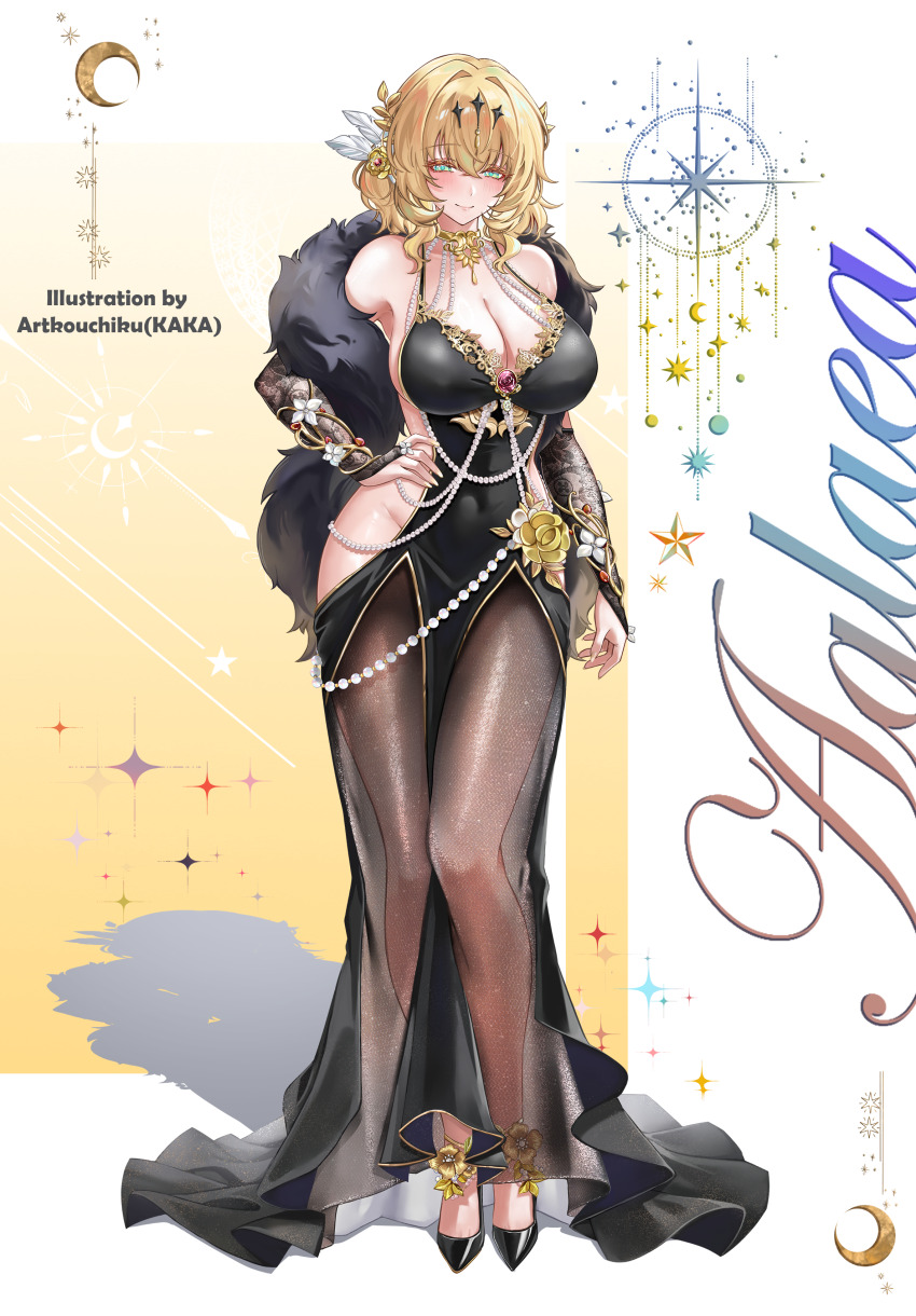 1girl absurdres aglaea_(honkai:_star_rail) alternate_costume artist_name artkouchiku black_dress blonde_hair breasts character_name cleavage commentary_request dress evening_gown flower flower_ornament full_body green_eyes hair_flower hair_ornament high_heels highres honkai:_star_rail honkai_(series) laurel_crown short_hair smile solo