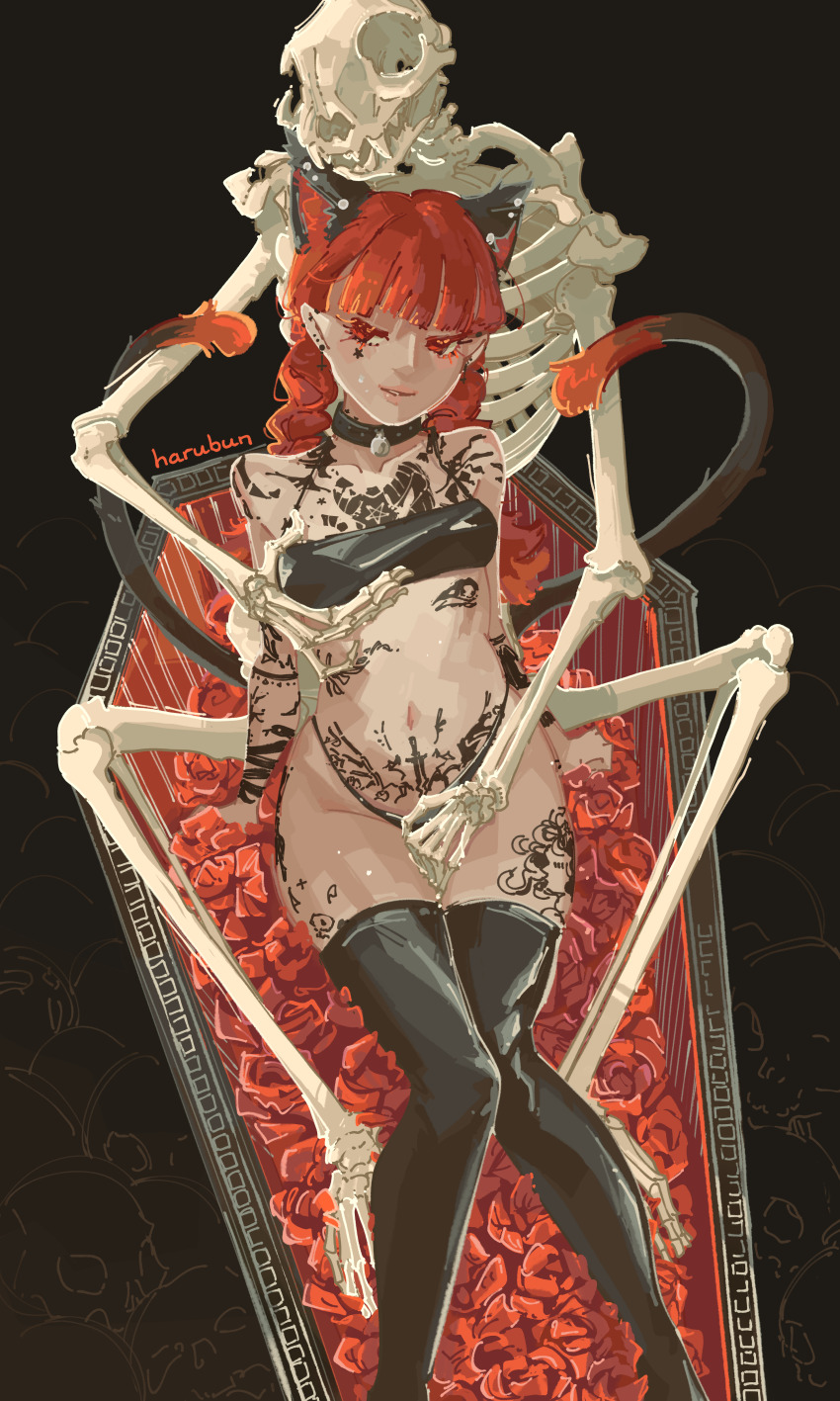 1girl absurdres animal_collar animal_ears animal_skeleton baphomet_(mythology) black_background black_bra black_panties black_thighhighs bra braid breasts cat_ears chest_tattoo coffin collar crescent_tattoo ear_piercing flower grabbing_another&#039;s_breast groping haru_bun highleg highleg_panties highres inverted_cross_earrings kaenbyou_rin multiple_tails nekomata panties pentagram_tattoo piercing pubic_tattoo red_eyes red_flower red_hair red_rose rose skeleton skull_tattoo small_breasts smug snake_tattoo star_tattoo stomach_tattoo sword_tattoo tail tattoo thighhighs touhou twin_braids two_tails underwear variant_set