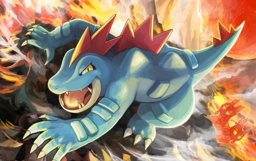 claws commentary_request dido_(di_do_di_do) feraligatr gen_2_pokemon highres lava looking_at_viewer nintendo no_humans open_mouth pokemon pokemon_(creature) slugma steam teeth tongue yellow_eyes