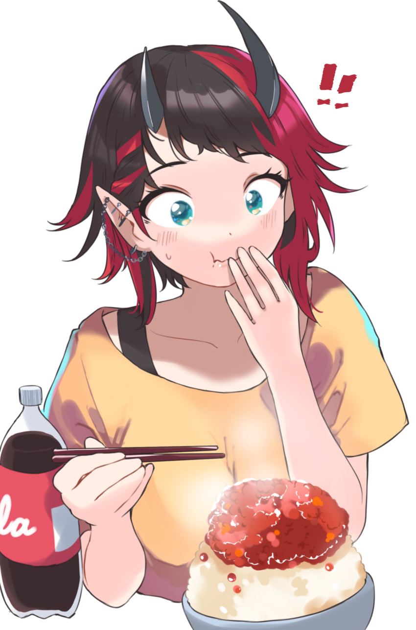 ! !! 1girl :t absurdres alternate_costume black_hair black_tank_top blue_eyes blush bottle breasts chopsticks closed_mouth cola commentary_request demon_girl demon_horns eating fish_(food) highres holding holding_chopsticks horns ikura_(food) large_breasts looking_down multicolored_hair nanashi_inc. pointy_ears red_hair rice ryugasaki_rene shirt short_hair simple_background solo sugar_lyric tank_top two-tone_hair upper_body virtual_youtuber white_background yellow_shirt zono_(inokura_syuzo029)