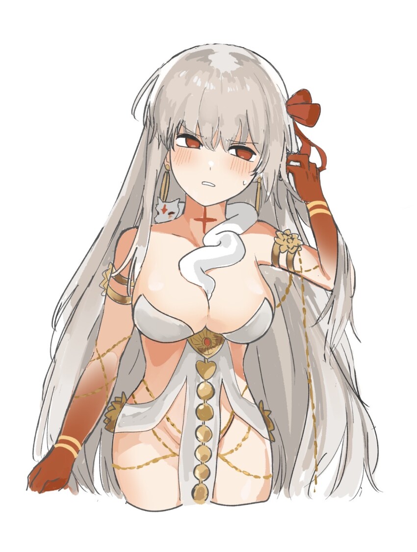 1girl armlet bare_shoulders belly_chain blush body_markings bracelet breasts cleavage clenched_teeth collarbone colored_skin dress durga_(fate) durga_(first_ascension)_(fate) earrings fate/grand_order fate_(series) gradient_skin grey_hair hair_ribbon highres jewelry large_breasts long_hair looking_to_the_side nyokinyoki_18 pelvic_curtain red_eyes red_skin revealing_clothes ribbon sash snake solo teeth thighs very_long_hair white_dress