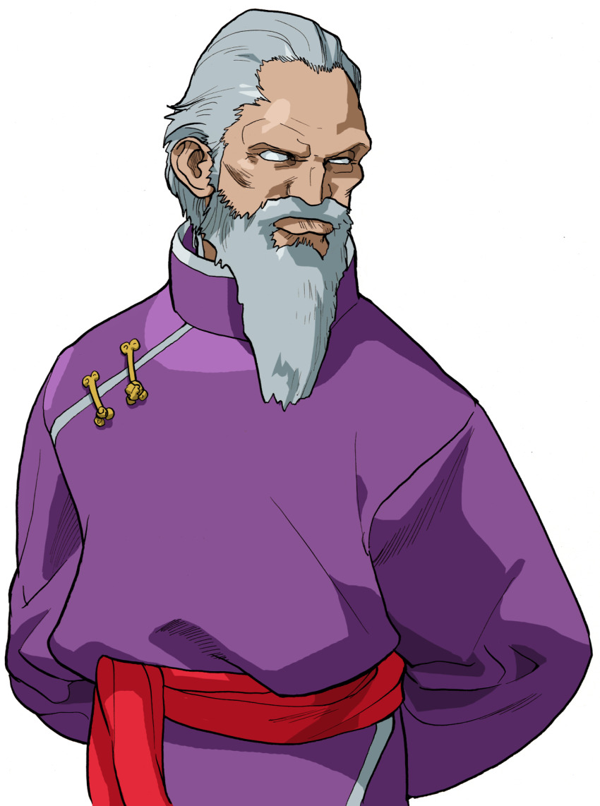 1boy arms_behind_back beard bengus facial_hair game_cg gen_(street_fighter) highres long_beard looking_to_the_side male_focus no_eyebrows no_pupils non-web_source official_art old old_man portrait raised_eyebrow short_hair simple_background solo street_fighter street_fighter_zero_(series) upper_body white_background white_beard white_eyes white_hair