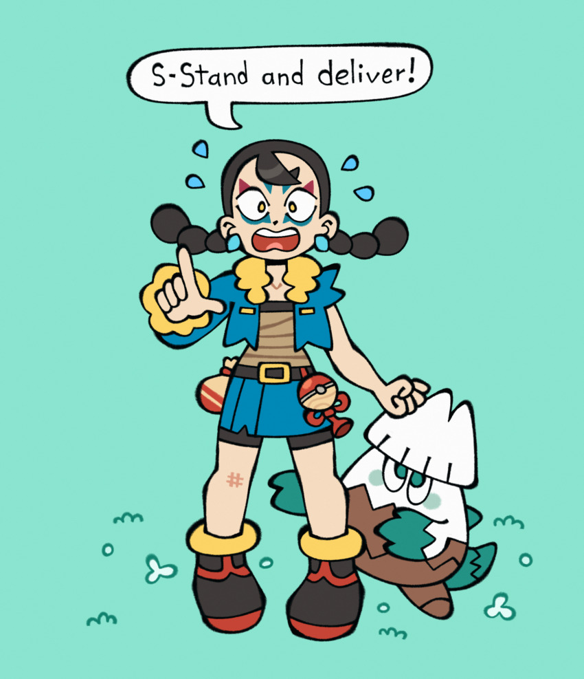 1girl absurdres bike_shorts bike_shorts_under_skirt billspooks black_boots black_shorts blue_background blue_jacket blue_skirt boots clenched_hand clover_(pokemon) cropped_jacket earrings english_text facepaint flying_sweatdrops full_body fur-trimmed_collar fur-trimmed_jacket fur-trimmed_sleeves fur_trim game_freak gen_4_pokemon hand_up highres hisuian_poke_ball jacket jewelry long_hair long_sleeves miniskirt multi-tied_hair nintendo open_mouth outstretched_hand pigeon-toed pointing pointing_at_viewer poke_ball pokemon pokemon_(creature) pokemon_legends:_arceus sack sarashi short_eyebrows shorts shorts_under_skirt single_bang single_sleeve skirt snover solo speech_bubble sphere_earrings standing torn_sleeve twintails v-shaped_eyebrows yellow_eyes