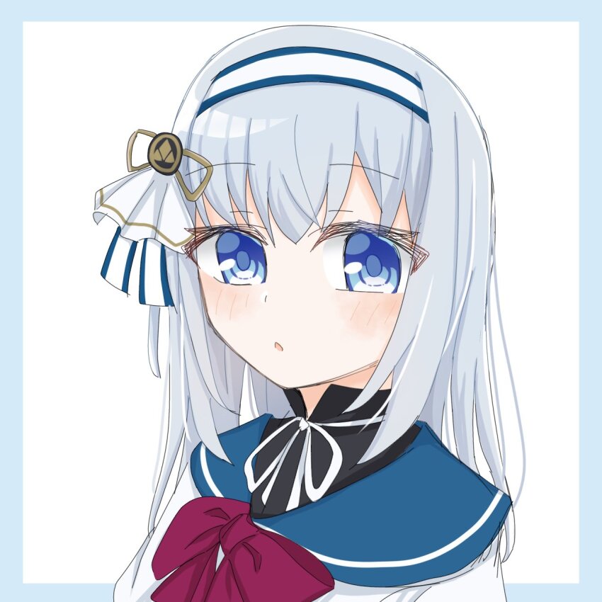 1girl arms_at_sides assault_lily black_shirt blue_border blue_eyes blue_hairband blue_ribbon blue_sailor_collar blush border bow bowtie commentary grey_hair hair_ribbon hairband herensuge_girls_academy_school_uniform highres long_hair looking_at_viewer neck_ribbon outside_border parted_lips portrait red_bow red_bowtie ribbon sailor_collar sana_(hs_yp1) school_uniform shirt simple_background solo tsuboi_nanaho two-tone_hairband two-tone_ribbon white_background white_hairband white_ribbon white_shirt