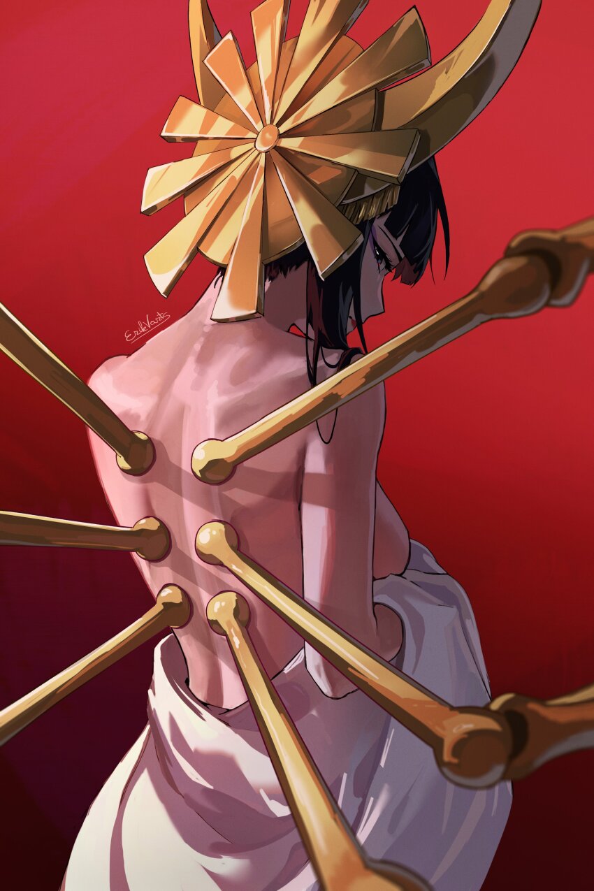 1girl absurdres artist_name bare_back bare_shoulders black_hair bleach bleach:_sennen_kessen-hen breasts erikvarts extra_arms female_focus hair_ornament highres horns looking_at_viewer looking_back medium_breasts nude red_background shutara_senjumaru simple_background solo undressing variant_set