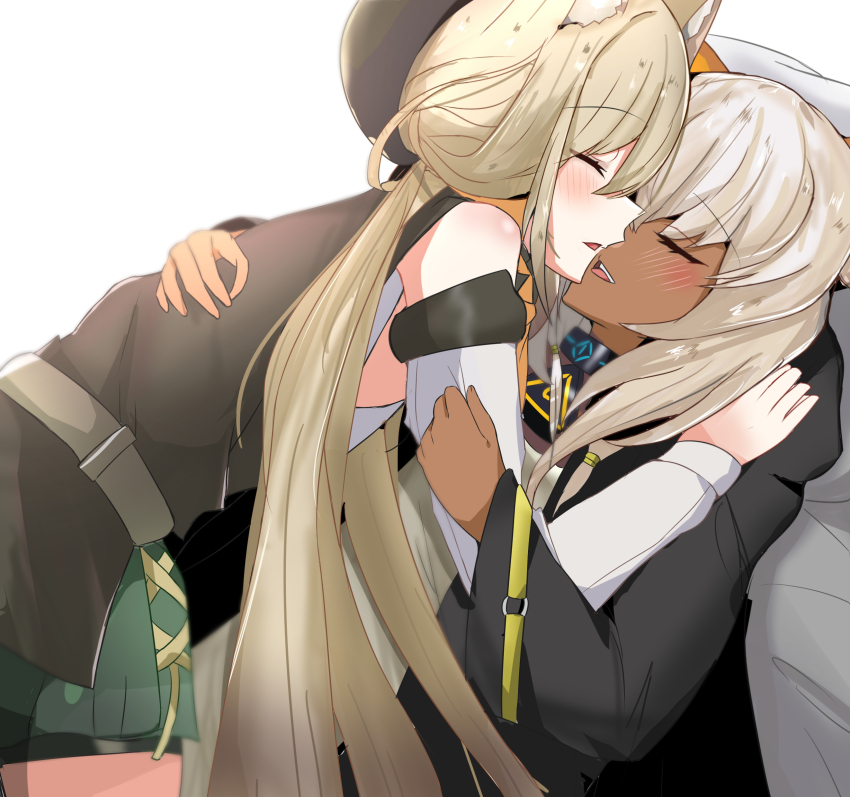 2girls absurdres akabeko123 animal_ears arknights beeswax_(arknights) black_coat blonde_hair blush cardigan_(arknights) closed_eyes coat commentary_request commission dark-skinned_female dark_skin detached_sleeves dog_ears green_shorts hand_on_another&#039;s_back highres hood hooded_coat long_hair multiple_girls parted_lips pixiv_commission shorts simple_background white_background white_hair yuri