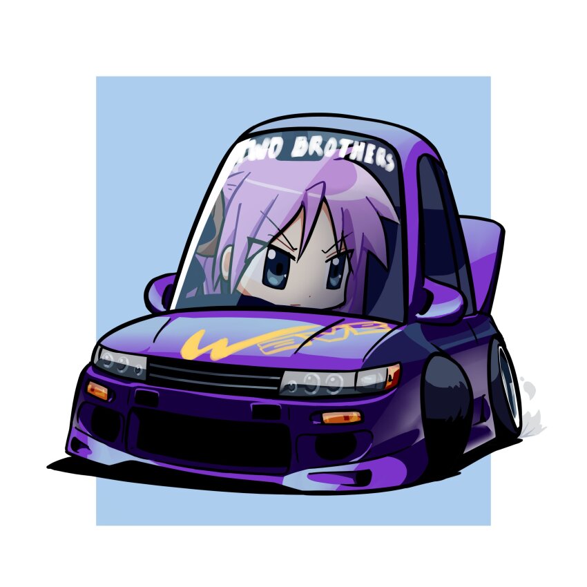 1girl absurdres blue_eyes border car chibi commentary drifting driving duz english_commentary hair_behind_ear hair_between_eyes highres hiiragi_kagami lucky_star motor_vehicle nissan nissan_silvia nissan_silvia_s13 outside_border purple_hair solo sports_car vehicle_focus white_border