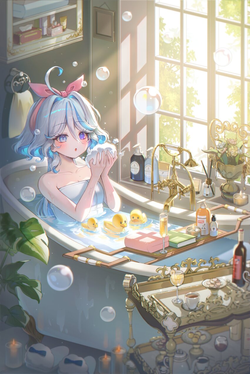 1girl :o absurdres ahoge bathtub blue_eyes blue_hair blue_pupils blush book bottle breasts candle champagne_flute collarbone commentary cup day drinking_glass drop-shaped_pupils faucet furina_(genshin_impact) genshin_impact hair_between_eyes hands_up hayun heterochromia highres indoors long_hair medium_breasts multicolored_hair naked_towel partially_submerged plant potted_plant reed_diffuser rubber_duck shadow shower_head soap_bottle solo streaked_hair symbol-shaped_pupils tiered_tray towel very_long_hair white_hair window