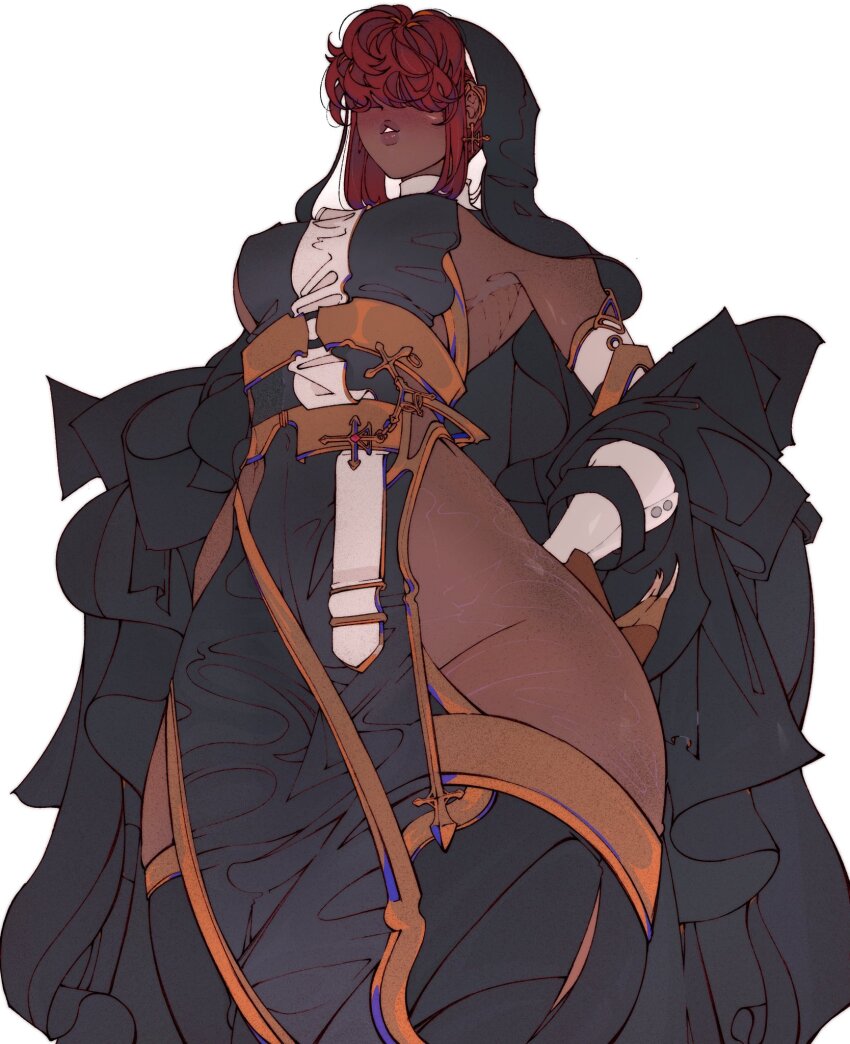 1girl black_hood black_thighhighs blush breasts clothes_pull collar cowboy_shot cross cross_earrings dark-skinned_female dark_skin detached_sleeves earclip earrings elliemaplefox fingernails groin hair_over_eyes hand_on_own_hip highres jacket jacket_pull jewelry large_breasts original parted_lips red_hair ribs sharp_fingernails sideboob simple_background skindentation solo standing thick_lips thick_thighs thighhighs thighs white_background white_collar white_sleeves