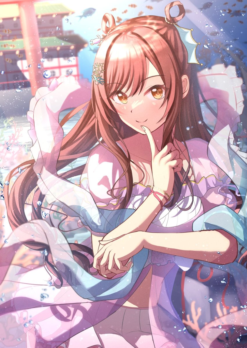 1girl air_bubble alternate_hairstyle blush bracelet bubble citrusmikan closed_mouth clownfish collarbone coral coral_hair_ornament cosplay finger_to_mouth fish hagoromo hair_ornament hair_rings hand_up highres idolmaster idolmaster_shiny_colors index_finger_raised jewelry long_hair looking_at_viewer official_alternate_costume orihime_(cosplay) orihime_(tanabata) osaki_amana pink_skirt pleated_skirt puffy_short_sleeves puffy_sleeves red_hair shawl short_sleeves skirt smile solo submerged swept_bangs tropical_fish underwater water yellow_eyes