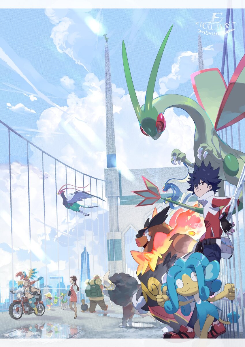 2girls 3boys archen artist_name biker_(pokemon) black_gloves black_hair bouffalant bright_pupils brown_eyes closed_mouth cloud day deerling e_volution eelektross emboar fingerless_gloves flygon gen_3_pokemon gen_5_pokemon gloves highres hiker_(pokemon) hugh_(pokemon) jacket looking_to_the_side motor_vehicle motorcycle multiple_boys multiple_girls nintendo office_worker_(pokemon) outdoors panpour pants petilil pokemon pokemon_(creature) pokemon_bw2 preschooler_(pokemon) puddle red_jacket reflection roggenrola short_hair sky water white_pupils zipper_pull_tab