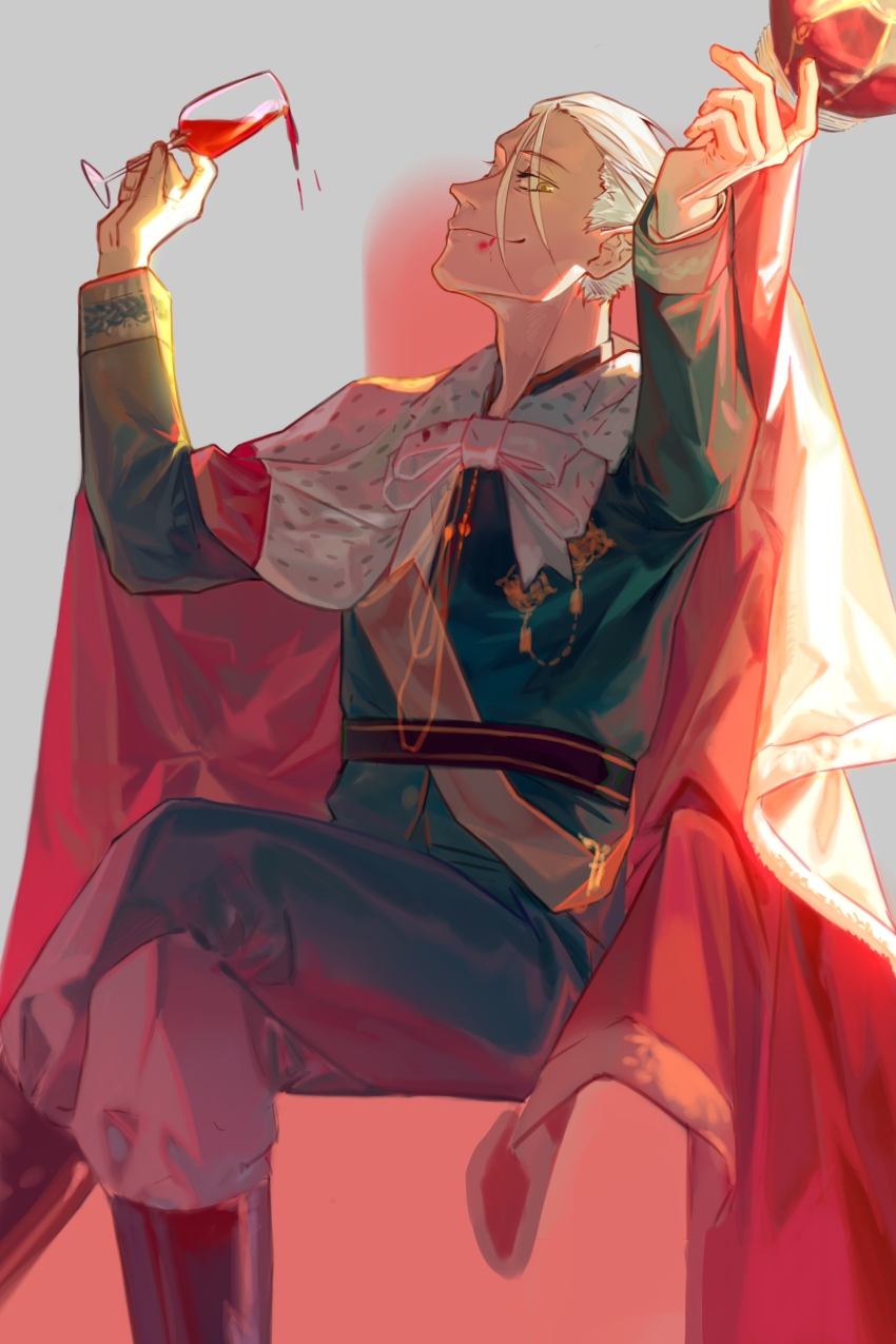 1boy absurdres cape character_request crossed_legs crown cup drinking_glass feet_out_of_frame highres holding holding_crown looking_at_viewer lucky_dog_1 male_focus profile sitting smile solo white_hair wine_glass xiaoquandianer yellow_eyes
