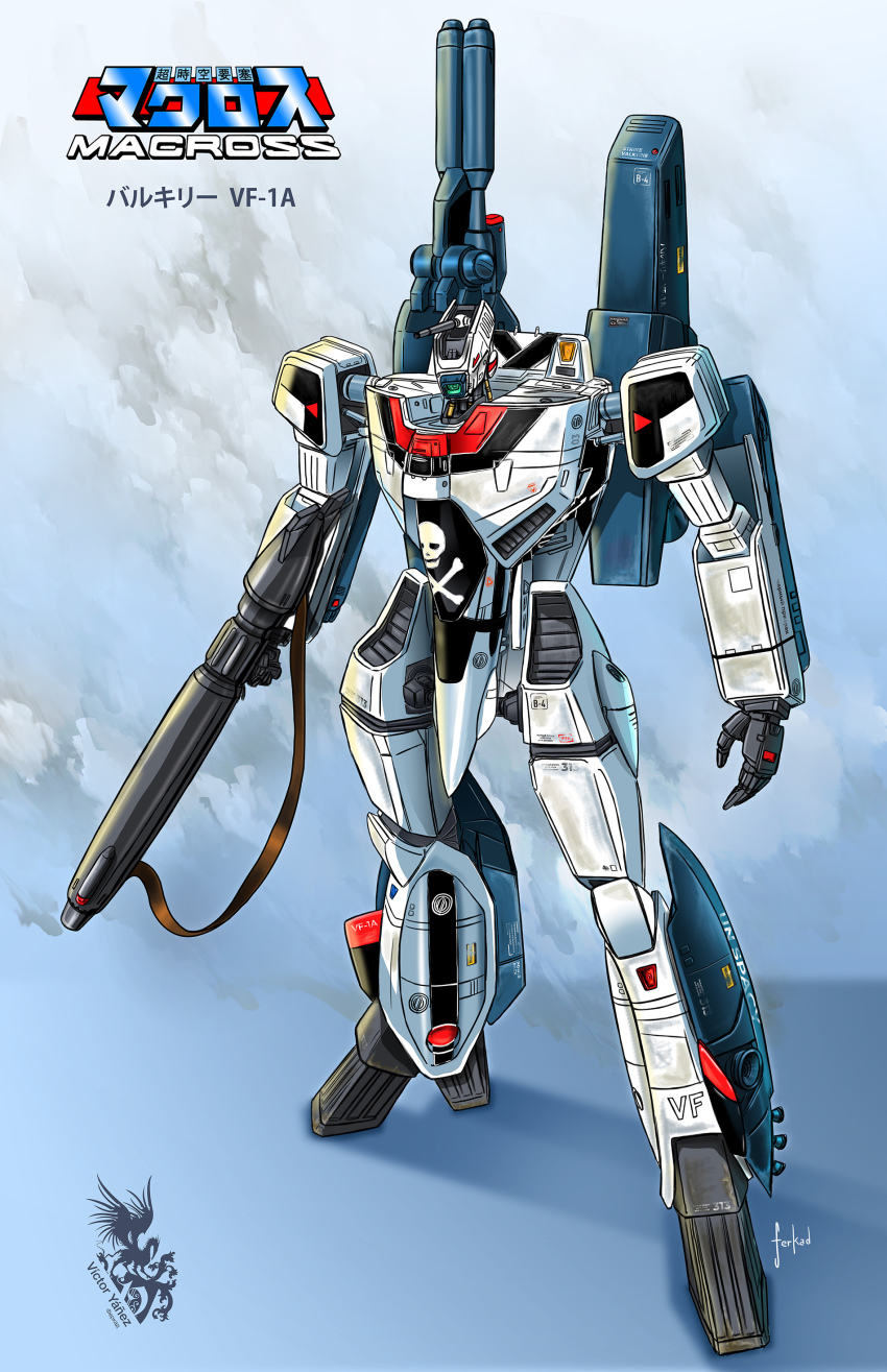 absurdres bad_id bad_pixiv_id character_name choujikuu_yousai_macross copyright_name ferkad gun highres holding holding_gun holding_weapon logo macross mecha no_humans one-eyed open_hand robot science_fiction skull_and_crossbones solo standing vf-1 vf-1a weapon