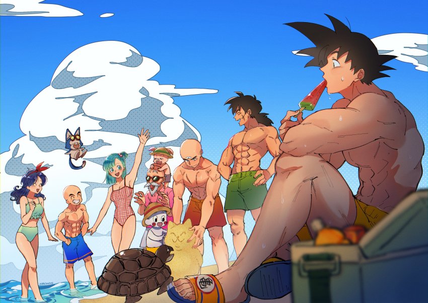2girls 6+boys abs bald beach beard bikini black_hair blue_hair blue_male_swimwear blue_swim_trunks bulma cat chaozu closed_eyes cloud cloudy_sky dragon_ball dragonball_z eating facial_hair facial_scar food gingham green_male_swimwear green_swim_trunks hat highres holding holding_food karin_(dragon_ball) kuririn large_pectorals long_hair looking_at_another lunch_(dragon_ball) lunch_(good)_(dragon_ball) male_swimwear multiple_boys multiple_girls muscular muscular_male muten_roushi nachos_(chos_na) navel oolong open_mouth orange_male_swimwear orange_swim_trunks outdoors pectorals popsicle print_one-piece_swimsuit puar sandals scar scar_on_cheek scar_on_chest scar_on_face short_hair sky smile son_goku spiked_hair straw_hat summer sunglasses swim_trunks swimsuit teeth tenshinhan topless_male umigame_(dragon_ball) yamcha yellow_male_swimwear yellow_swim_trunks