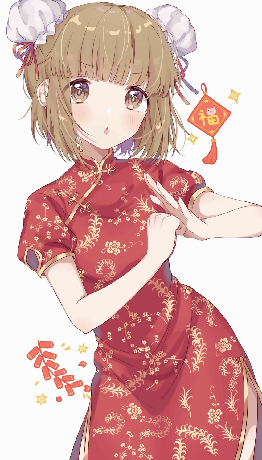 1girl absurdres alternate_hairstyle blush breasts brown_eyes brown_hair bun_cover chestnut_mouth china_dress chinese_clothes clenched_hand cowboy_shot dot_nose double_bun dress firecrackers floral_print_dress gold_trim good_fortune_symbol hair_bun hanai_yuyu hands_up highres idolmaster idolmaster_cinderella_girls idolmaster_cinderella_girls_starlight_stage long_hair looking_at_viewer open_hand red_dress red_ribbon ribbon short_sleeves side_slit small_breasts solo sparkle standing v-shaped_eyebrows white_background yorita_yoshino