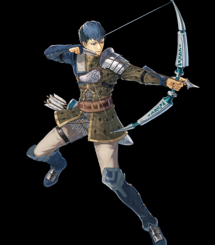 1boy arrow_(projectile) belt blue_hair boots bow_(weapon) brown_eyes fingerless_gloves fire_emblem fire_emblem_echoes:_shadows_of_valentia fire_emblem_heroes full_body gloves highres male_focus nintendo official_art open_mouth python_(fire_emblem) quiver solo suda_ayaka transparent_background weapon