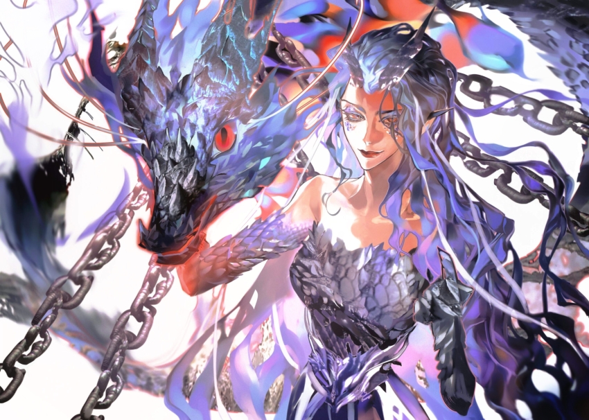 1girl absurdres animalization ao_run_(nezha_zhi_motong_jiangshi) blue_claws blue_hair chain dragon dragon_girl dragon_horns highres horns long_hair maojiuqi37319 nezha_zhi_motong_jiangshi person_and_animalization red_eyes solo very_long_hair