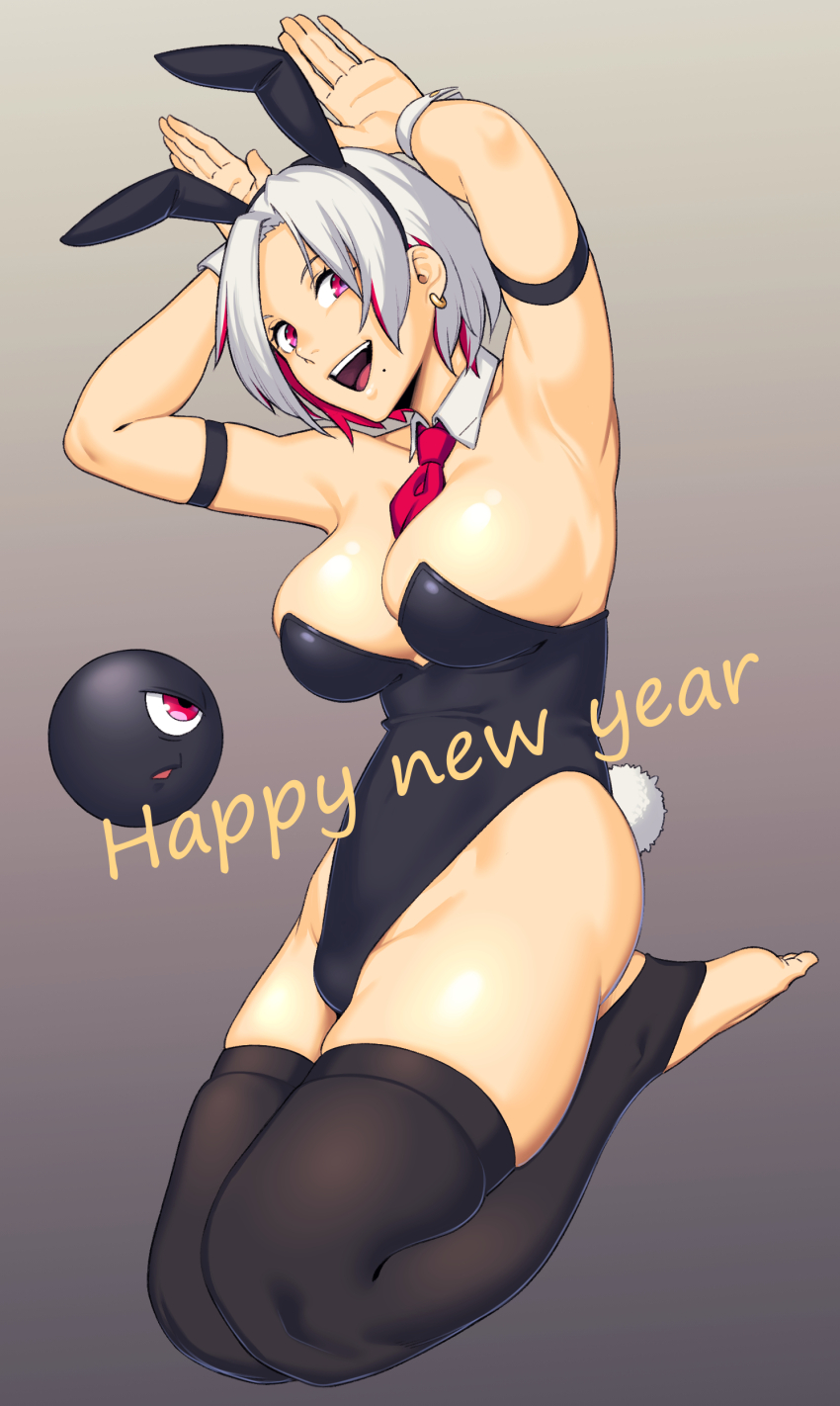 1girl :d absurdres animal_ears armband armpits between_breasts black_leotard black_thighhighs breasts chinese_zodiac cleavage detached_collar dyun earrings fake_animal_ears fake_tail female_focus full_body gradient_background grey_background grey_hair hairband happy_new_year highleg highleg_leotard highres jewelry large_breasts leotard looking_at_viewer mole mole_under_mouth multicolored_hair necktie necktie_between_breasts new_year open_mouth original playboy_bunny rabbit_ears rabbit_pose rabbit_tail red_eyes red_necktie short_hair smile solo stirrup_legwear strapless strapless_leotard streaked_hair tail thighhighs toeless_legwear wrist_cuffs year_of_the_rabbit