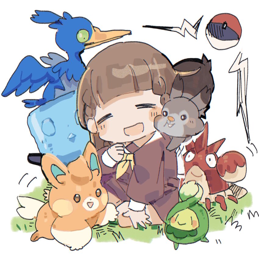 1girl =_= braid brown_dress brown_hair budew center-flap_bangs commentary corphish cramorant dress eiscue eiscue_(ice) english_commentary game_freak gen_3_pokemon gen_4_pokemon gen_8_pokemon grass hasu_no_sora_school_uniform highres kachimachi_kosuzu link!_like!_love_live! long_hair long_sleeves love_live! neckerchief nimingduz nintendo open_poke_ball pawmi pleated_dress poke_ball poke_ball_(basic) pokemon pokemon_(creature) sailor_collar sailor_dress school_uniform side_braids skwovet straight_hair virtual_youtuber white_background white_sailor_collar winter_uniform yellow_neckerchief