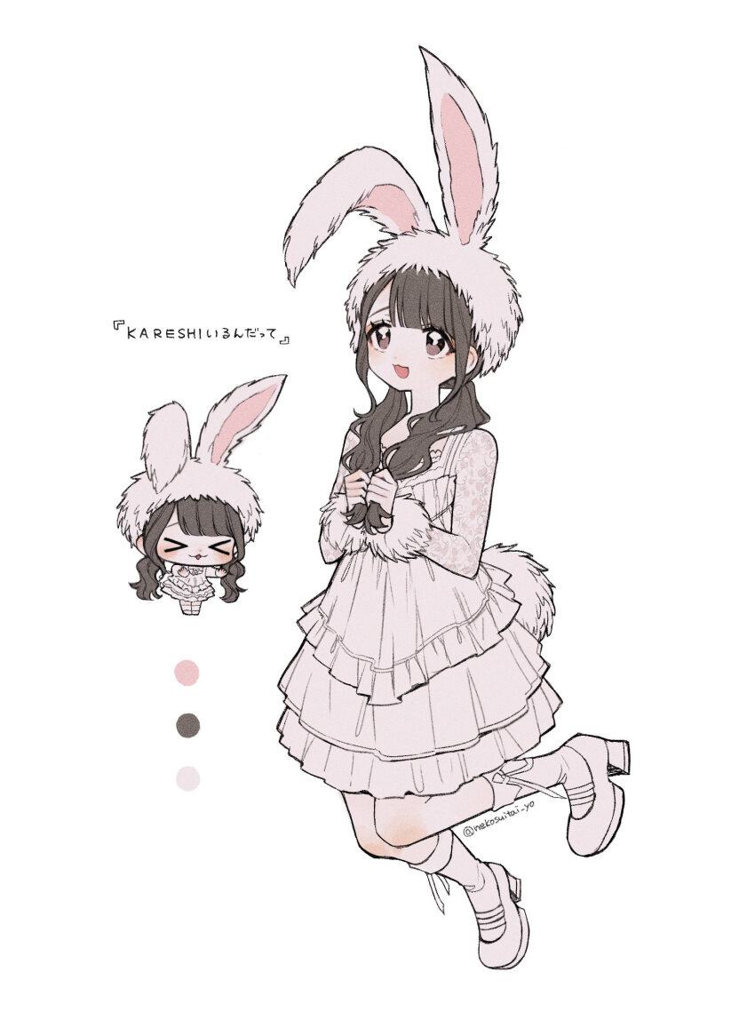 &gt;_&lt; 1girl animal_ears animal_hat brown_eyes brown_hair chiba_yuna chibi color_guide dress fake_animal_ears fake_tail floating fold-over_socks frilled_dress frills full_body fur_wrist_cuffs hat highres holding holding_own_hair idol kyururin_te_shitemite long_hair long_sleeves looking_up low_twintails nekosuitai_yo open_mouth platform_heels platform_shoes print_sleeves rabbit_ear_hat rabbit_hat rabbit_tail real_life see-through_clothes see-through_sleeves simple_background smile socks tail twintails twitter_username wavy_hair white_background white_dress white_socks wrist_cuffs