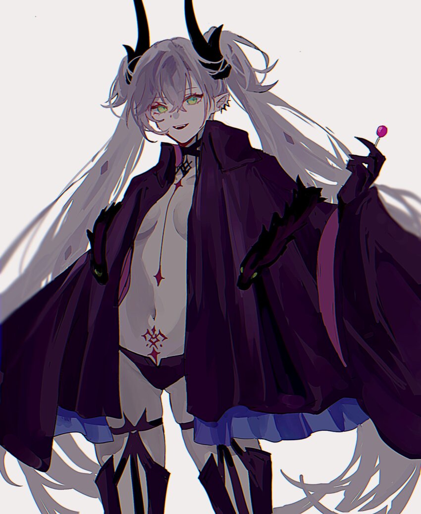 1girl black_hands black_jacket black_panties boots breasts candy colored_extremities fate/grand_order fate_(series) food green_eyes hand_up highres holding holding_candy holding_food holding_lollipop jacket k_7s lilith_(fate) lilith_(second_ascension)_(fate) lollipop long_hair looking_at_viewer navel panties pointy_ears pubic_tattoo smile solo tattoo thigh_boots twintails underwear white_hair