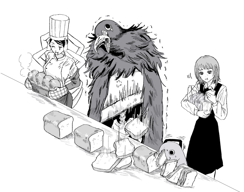2girls basket blood blood_from_mouth bloody_tears bread breasts chainsaw_man chef chef_hat commentary_request disembodied_head dress eating falling_devil_(chainsaw_man) fami_(chainsaw_man) flat_top_chef_hat food food_in_mouth fourth_east_high_school_uniform guillotine guillotine_devil_(chainsaw_man) hat highres holding iing_naoe large_breasts loaf_of_bread motion_lines multiple_girls multiple_moles oven_mitts pelvis pinafore_dress pochita_(chainsaw_man) school_uniform sleeveless sleeveless_dress steam trembling