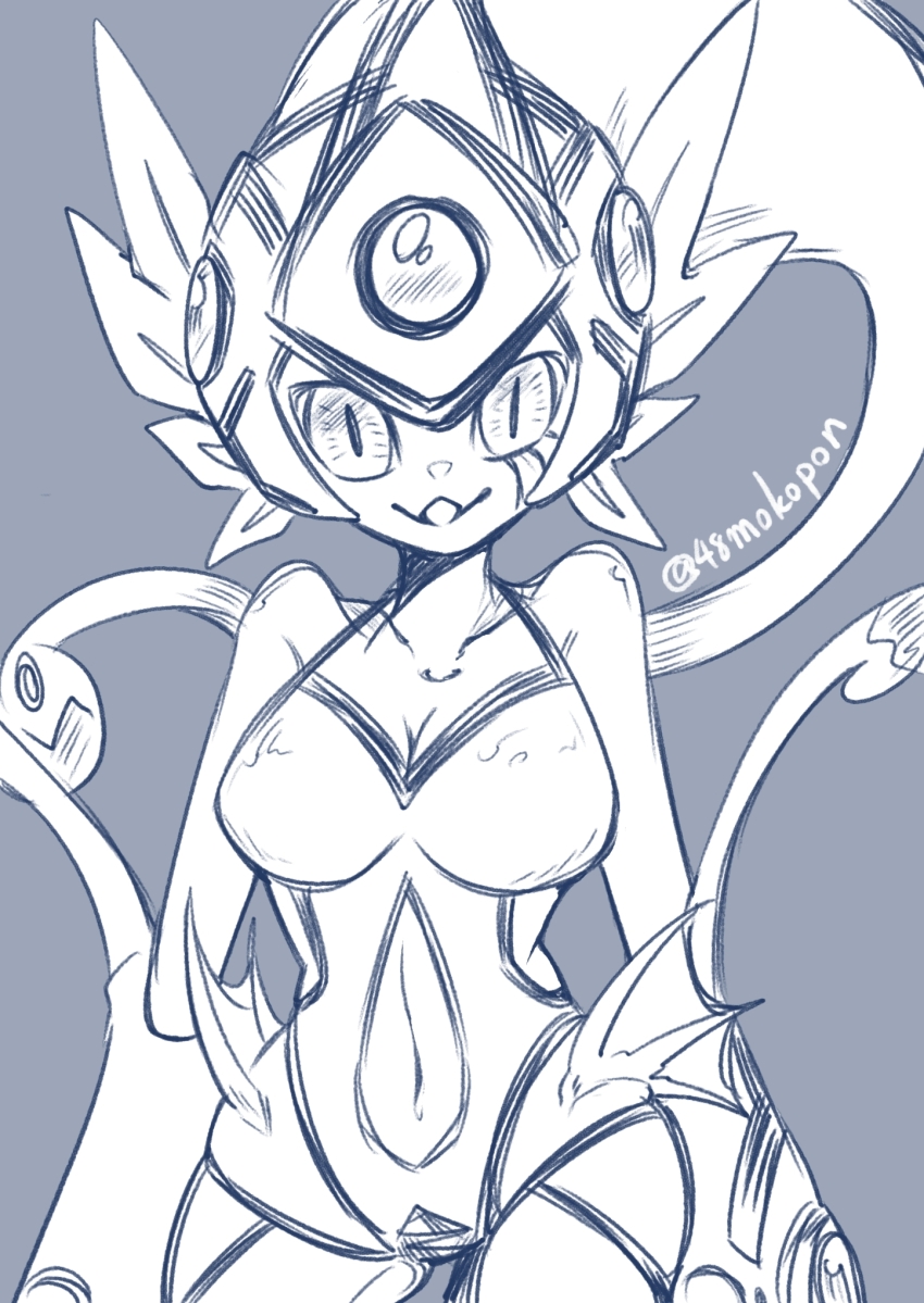 1girl 48mokopon bare_shoulders breasts cleavage clothing_cutout cowboy_shot digimon digimon_(creature) digimon_frontier grey_background greyscale highres large_breasts monochrome one-piece_swimsuit ranamon simple_background solo stomach_cutout swimsuit twitter_username