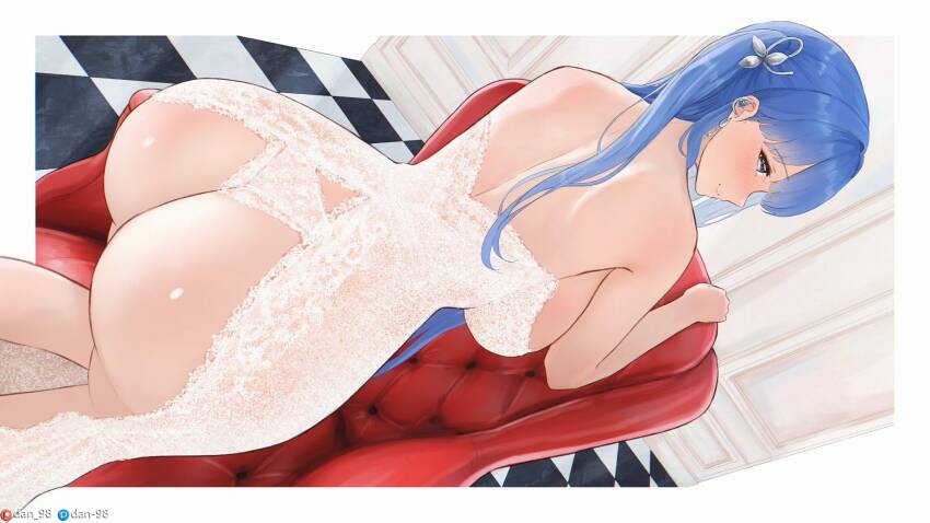1girl arcana_(nikke) ass blue_eyes blue_hair breasts chair curvy dan-98 dress goddess_of_victory:_nikke hair_ornament highres huge_ass indoors large_breasts long_hair looking_back panties solo underwear white_dress white_panties wide_hips