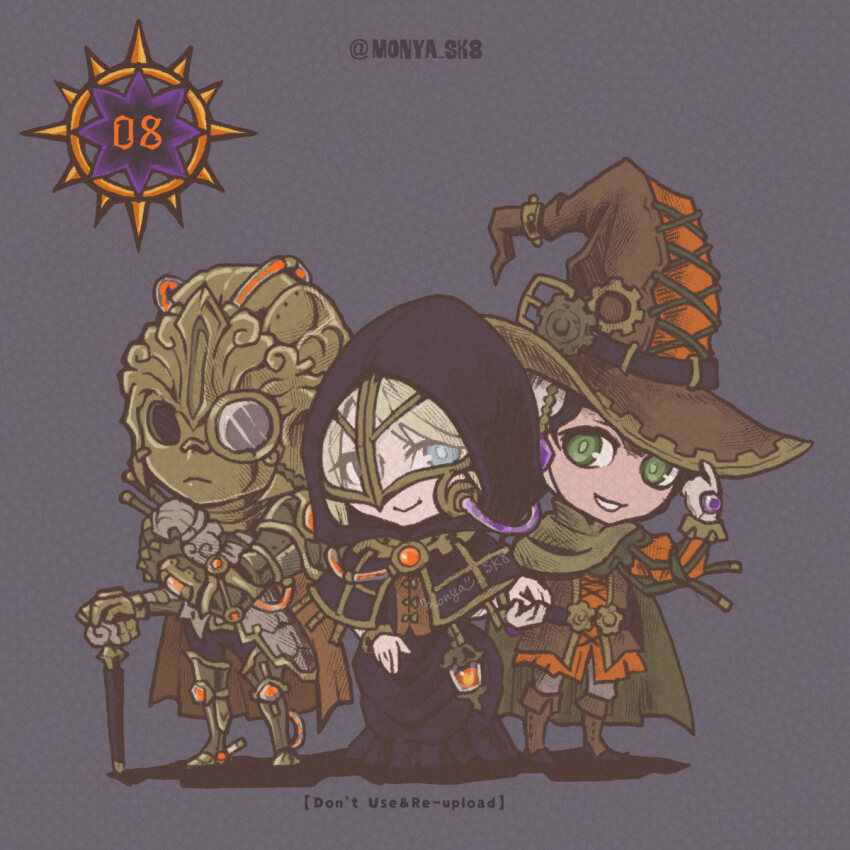 1girl 2boys alternate_costume black_capelet black_dress black_hood blonde_hair blue_eyes boots brown_footwear capelet chibi chibi_only closed_mouth commentary_request d_hunter_of_the_dead dress elden_ring fia_the_deathbed_companion gem gloves gold_trim graves green_eyes grey_background hat highres mask mikey monocle multiple_boys purple_gemstone simple_background smile sorcerer_rogier steampunk white_gloves witch_hat