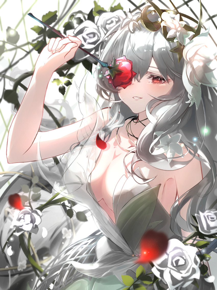1girl ambience_synesthesia arknights bare_shoulders breasts cleavage commentary_request dress flower grey_hair hair_between_eyes hair_flower hair_ornament highres holding holding_flower large_breasts long_hair looking_at_viewer official_alternate_costume one_eye_covered pleated_dress red_eyes red_flower red_rose roki@ rose sleeveless sleeveless_dress solo specter_(arknights) specter_the_unchained_(arknights) specter_the_unchained_(born_as_one)_(arknights) upper_body white_dress white_flower