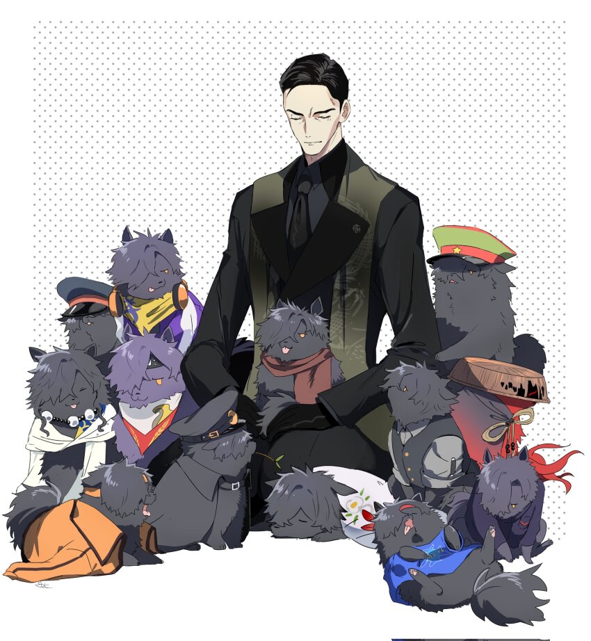 1boy animal animal_on_lap animalization arts_shirt bead_necklace beads black_cape black_gloves black_hair black_headwear black_jacket black_necktie black_pants black_shirt black_vest blue_cape blue_shirt brown_scarf cape closed_eyes closed_mouth clothed_animal collared_shirt comb_over dog dragon_print fate/grand_order fate_(series) full_body gloves green_headwear grey_shirt hair_over_one_eye hat headband headphones headphones_around_neck highres jacket jacket_on_shoulders jewelry looking_at_another male_focus necklace necktie okada_izou_(dog)_(fate) okada_izou_(fate) okada_izou_(festival_outfit)_(fate) okada_izou_(i&#039;m_one_dapping_fella)_(fate) okada_izou_(second_ascension)_(fate) okada_izou_(third_ascension)_(fate) on_lap orange_eyes orange_headband orange_jacket pants peaked_cap pirohi_(pirohi214) polka_dot polka_dot_background pomeranian_(dog) purple_jacket sandogasa scarf seiza shirt short_hair sitting sleeping sleeves_rolled_up stole takechi_zuizan_(fate) tongue tongue_out torn_clothes torn_hat vest white_background white_scarf wrinkled_skin
