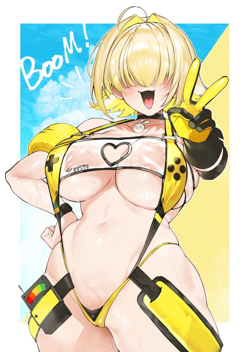 1girl ahoge blonde_hair blush breasts cameltoe clothing_cutout elegg_(boom_and_shock)_(nikke) elegg_(nikke) fang gloves goddess_of_victory:_nikke hair_intakes hair_over_eyes heart heart_cutout highres large_breasts long_bangs looking_at_viewer multicolored_hair navel open_mouth shiny_skin shishamo_712 short_hair skindentation slingshot_swimsuit smile solo swimsuit thigh_strap thighs two-sided_gloves two-tone_hair underboob v wet yellow_gloves yellow_slingshot_swimsuit