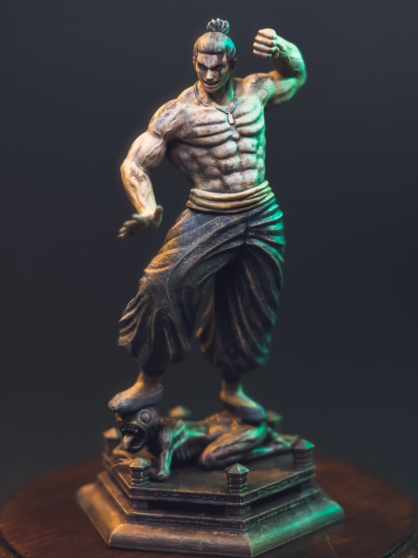 1boy 3d_printing_(medium) absurdres black_hair figure figure_stand full_body highres jewelry jujutsu_kaisen large_pectorals looking_ahead male_focus monster muscular muscular_male necklace necklace_between_pecs pectorals photo_(medium) scar scar_across_eye scar_on_face short_hair sideburns smile solo stepped_on strongman_waist tete_chokousaku topless_male toudou_aoi_(jujutsu_kaisen) unconventional_media veins veiny_arms