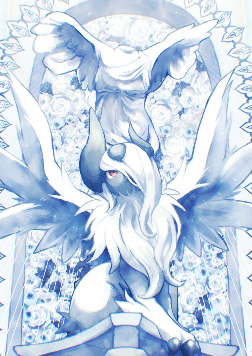 7_phi_3 absol absurdres all_fours body_fur gen_3_pokemon highres mega_absol mega_pokemon nintendo no_humans one_eye_covered pokemon pokemon_(creature) red_eyes solo statue white_wings wings