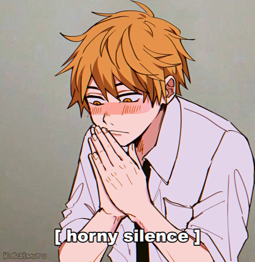 1boy artist_name black_necktie blush chainsaw_man denji_(chainsaw_man) english_text frown highres keksimuru male_focus necktie orange_eyes orange_hair own_hands_together protected_link shirt sleeves_rolled_up solo subtitled upper_body white_shirt