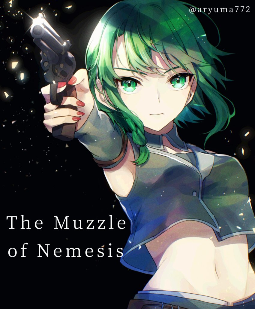 1girl aiming aiming_at_viewer armpits aryuma772 asymmetrical_hair black_background braid crop_top detached_collar detached_sleeves evillious_nendaiki green_eyes green_hair gumi gun handgun highres light_particles midriff nail_polish navel nemesis_no_juukou_(vocaloid) nemesis_sudou red_nails revolver short_hair_with_long_locks sleeveless sleeveless_jacket solo song_name twitter_username vocaloid wavy_hair weapon