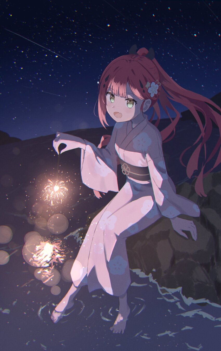 1girl :d alternate_hairstyle aqua_eyes arm_at_side barefoot blunt_bangs cherry_blossom_print commentary_request fang fireworks floating_hair floral_print floral_print_kimono flower full_body hair_behind_ear hair_flower hair_ornament hairclip hand_up happy highres holding holding_fireworks japanese_clothes kamiyama_shiki kimono knees_together_feet_apart light_blush long_hair long_sleeves night night_sky ocean open_mouth outdoors ponytail print_kimono red_hair ringed_eyes ripples rock shooting_star sitting skin_fang sky smile soaking_feet solo sparkler summer_pockets underlighting very_long_hair water white_flower wide_sleeves yumojtm