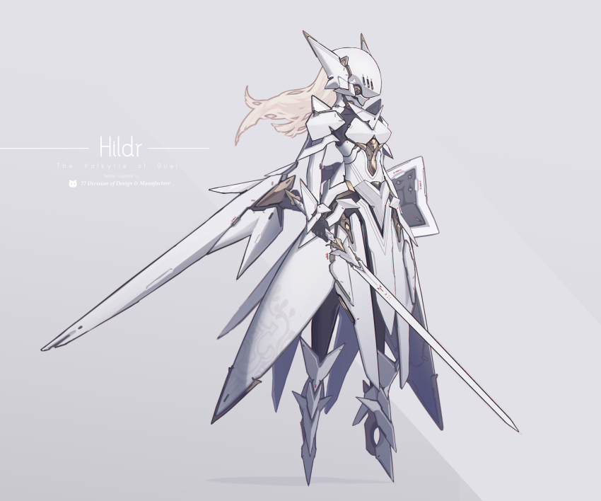 1girl absurdres armor armored_dress blonde_hair breastplate breasts character_name dress english_text floating full_body grey_background helmet high_heels highres holding holding_shield holding_sword holding_weapon long_hair mecha_musume mechanical_wings original shield shoulder_armor simple_background solo sword weapon wings xyufsky