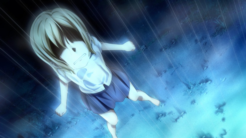 1girl angry artist_check barefoot child clenched_hand dutch_angle female_focus game_cg grass higurashi_no_naku_koro_ni looking_up matsuribayashi-hen rain rato shirt short_hair skirt solo tanashi_miyoko teeth thunder wet wet_clothes wet_hair wet_shirt