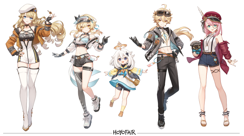1boy 4girls absurdres aether_(genshin_impact) ahoge arm_up bare_legs bare_shoulders beret black_pants black_shorts blonde_hair blue_eyes boots breasts newsboy_cap camisole charlotte_(genshin_impact) cleavage commentary_request crop_top dress drill_hair full_body genshin_impact gloves goggles goggles_on_head grey_jacket hair_between_eyes halo hat highres jacket jewelry lanyard lineup long_hair long_sleeves lumine_(genshin_impact) medium_breasts midriff monocle multiple_girls navel navia_(genshin_impact) off_shoulder official_alternate_costume official_alternate_hairstyle official_art open_clothes open_jacket open_mouth orange_jacket paimon_(genshin_impact) pants pencil_dress pink_hair red_headwear red_jacket sandals shirt shoes short_hair_with_long_locks short_shorts shorts sidelocks simple_background single_thighhigh siya_ho smile sneakers standing stomach suspenders thigh_boots thigh_strap thighhighs thighs very_long_hair visor_cap white_background white_dress white_footwear white_hair white_headwear white_shirt yellow_eyes