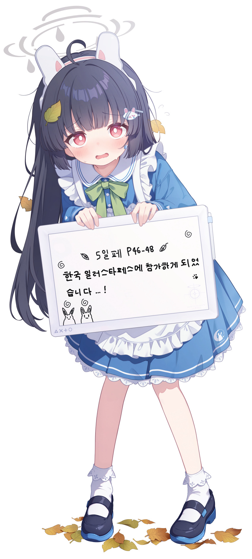 1girl absurdres animal_ears apron autumn_leaves black_hair black_shoes blue_archive blue_dress blush bow bowtie bright_pupils chestnut_mouth commentary_request dress fake_animal_ears frilled_apron frills green_bow green_bowtie halo highres holding holding_sign incredibly_absurdres kohaku_rinne korean_text leaf leaf_on_head leaning_forward long_hair looking_at_viewer miyu_(blue_archive) rabbit_ears red_eyes shoes sign simple_background socks solo translation_request white_apron white_background white_pupils white_socks