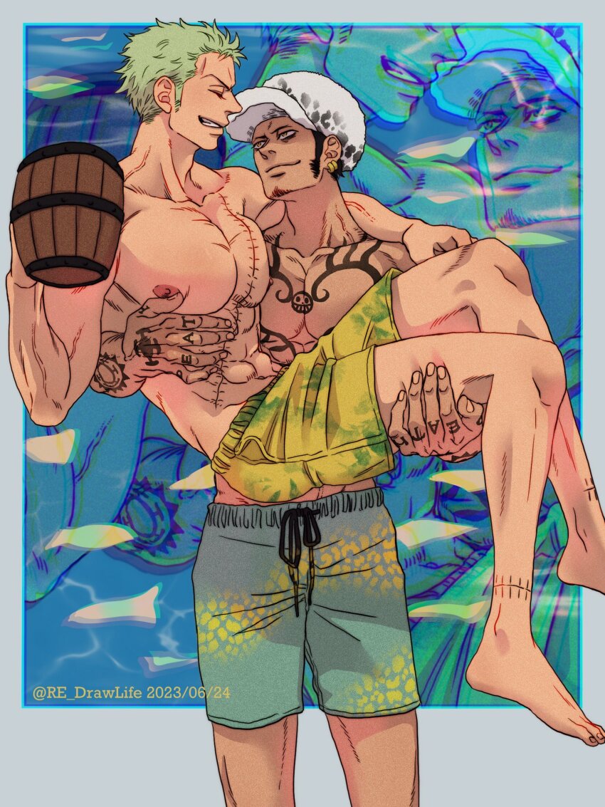 2boys abs alternate_costume aqua_male_swimwear aqua_swim_trunks bara black_hair carrying chest_tattoo closed_eyes collarbone cup dated drawstring earrings facial_hair goatee green_hair grin hat highres holding holding_cup jewelry letterboxed long_sideburns looking_at_another male_focus male_swimwear multiple_boys nipples one_piece pectorals princess_carry re_drawlife roronoa_zoro scar scar_across_eye scar_on_face scar_on_leg short_hair sideburns smile swim_trunks swimsuit tattoo trafalgar_law twitter_username yellow_eyes yellow_male_swimwear yellow_swim_trunks