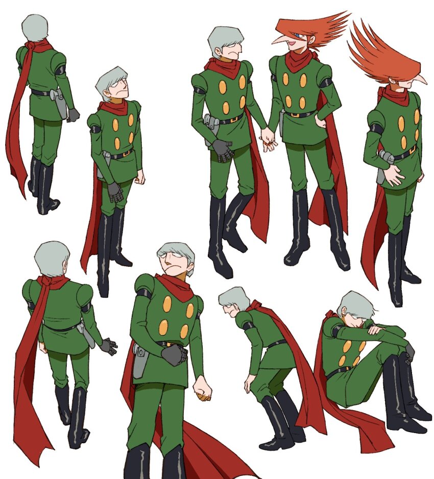 2boys albert_heinrich big_nose black_boots blue_eyes boots coat cyborg cyborg_009 full_body green_coat green_pants grey_eyes grey_hair hair_over_one_eye highres jet_link long_hair multiple_boys orange_hair pants r_hy00 red_scarf scarf short_hair soldier