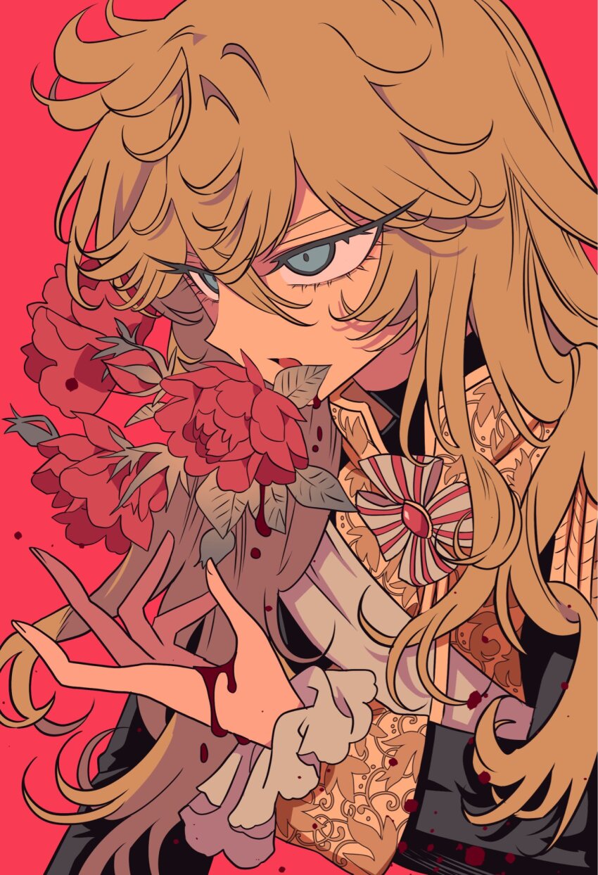 1girl black_jacket blonde_hair blood blood_on_hands blue_eyes coughing_flowers flower hair_between_eyes hand_up highres jacket long_hair long_sleeves looking_ahead meremero open_mouth oscar_francois_de_jarjayes red_background red_flower red_rose rose simple_background solo upper_body versailles_no_bara