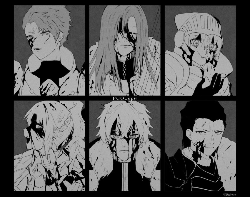 2girls 4boys agravain_(fate) armor bedivere_(fate) black_border blood blood_in_hair blood_on_face border braid brother_and_sister brothers cape closed_eyes fate/grand_order fate_(series) frown fur-trimmed_cape fur_trim gawain_(fate) greyscale helmet highres jtgbaaa knight knights_of_the_round_table_(fate) lancelot_(fate/grand_order) long_hair looking_afar looking_at_hand looking_at_viewer monochrome mordred_(fate) multiple_boys multiple_girls open_mouth ponytail portrait shirt short_hair siblings smile tristan_(fate) wide-eyed