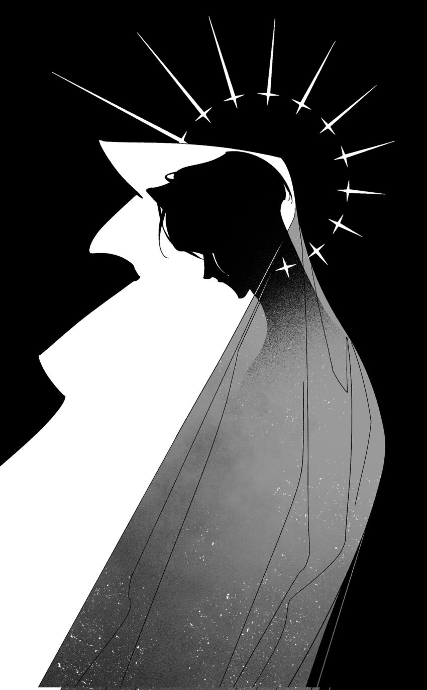 1boy benkdjjituibot black_hair cloak curtained_hair faceless from_side greyscale halo halo_behind_head highres monochrome omniscient_reader&#039;s_viewpoint secretive_plotter see-through_clothes short_hair tears